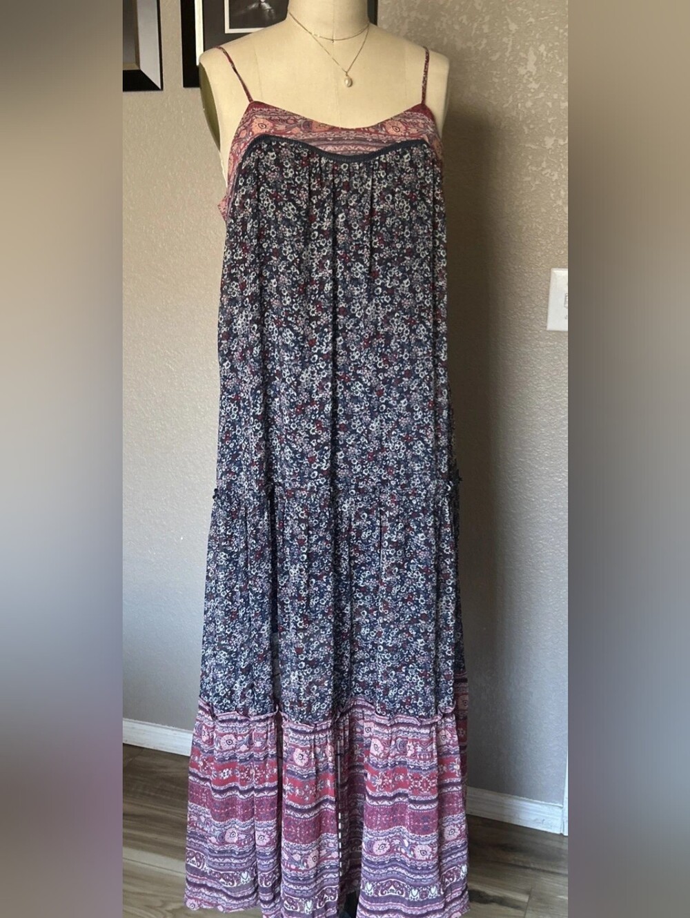 Bohemian Floral Maxi Skirt Dress in Navy and Dusty Rose